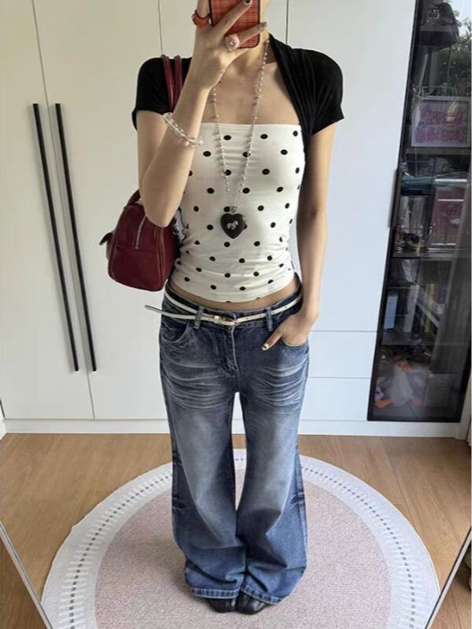 Dámske bodkované tričko Yeye s krátkym rukávom, štvorcovým výstrihom a bodkami, letný slim strih, vintage a všestranný, dvojdielny top s imitáciou vzoru
