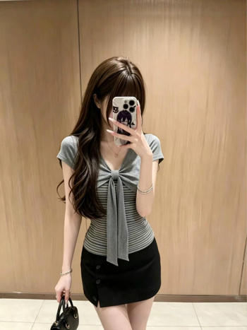Dámske retro pruhované patchworkové falošné dvojdielne tričko s krátkym rukávom, letný slim strih crop top