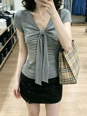 Dámske retro pruhované patchworkové falošné dvojdielne tričko s krátkym rukávom, letný slim strih crop top