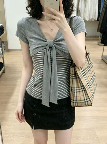 Dámske retro pruhované patchworkové falošné dvojdielne tričko s krátkym rukávom, letný slim strih crop top