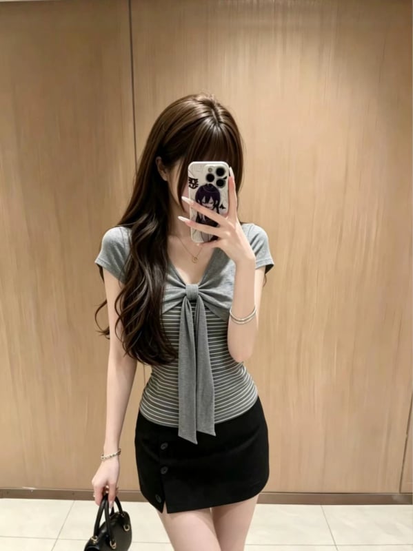 Dámske retro pruhované patchworkové falošné dvojdielne tričko s krátkym rukávom, letný slim strih crop top