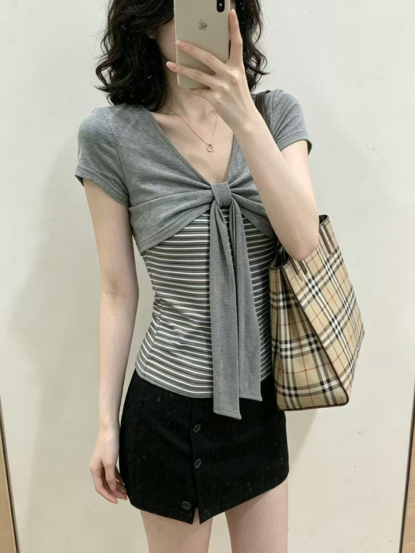 Dámske retro pruhované patchworkové falošné dvojdielne tričko s krátkym rukávom, letný slim strih crop top