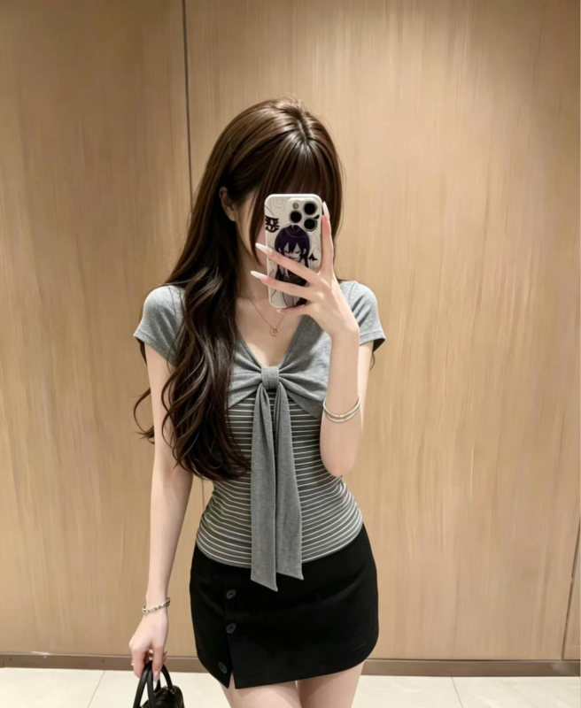 Dámske retro pruhované patchworkové falošné dvojdielne tričko s krátkym rukávom, letný slim strih crop top