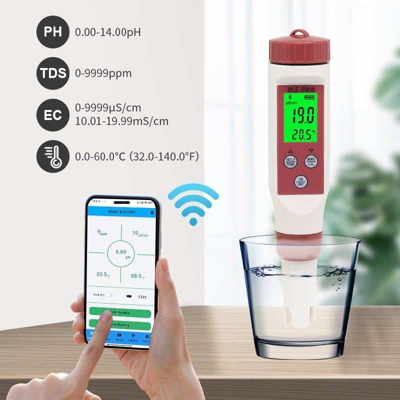 BLE9908 Bluetooth μετρητής ποιότητας νερού, τεσσάρων σε ένα: pH, TDS, EC και θερμοκρασία