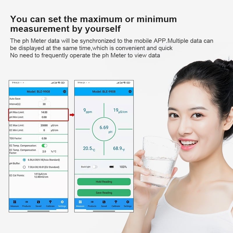 BLE9908 Bluetooth μετρητής ποιότητας νερού, τεσσάρων σε ένα: pH, TDS, EC και θερμοκρασία