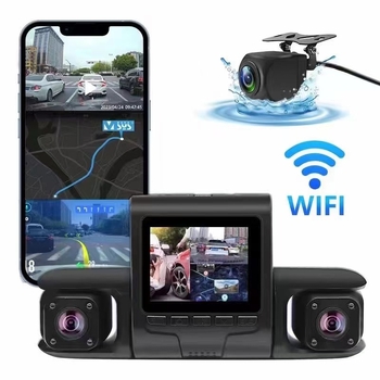 Automobilski DVR s tri kamere: prednja, unutarnja i stražnja, 1080p, 2,0-inčni zaslon, Wi‑Fi, petlja snimanja