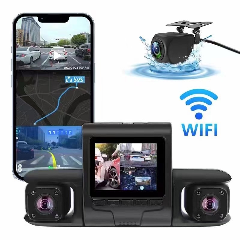 Automobilski DVR s tri kamere: prednja, unutarnja i stražnja, 1080p, 2,0-inčni zaslon, Wi‑Fi, petlja snimanja