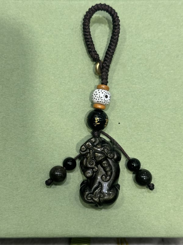 Pixiu din obsidian natural auriu, 3D pandantiv pentru telefon și breloc, pentru bărbați și femei, accesoriu stil chinezesc pentru geantă