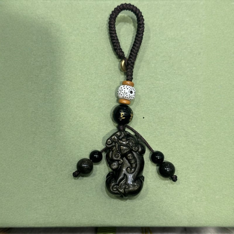 Pixiu din obsidian natural auriu, 3D pandantiv pentru telefon și breloc, pentru bărbați și femei, accesoriu stil chinezesc pentru geantă