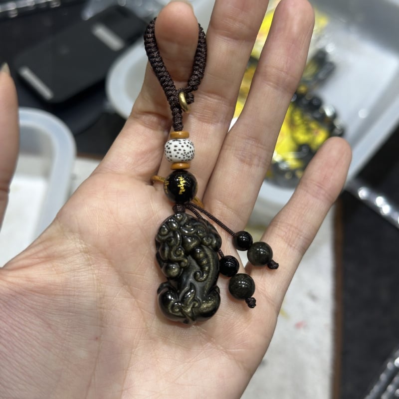 Pixiu din obsidian natural auriu, 3D pandantiv pentru telefon și breloc, pentru bărbați și femei, accesoriu stil chinezesc pentru geantă