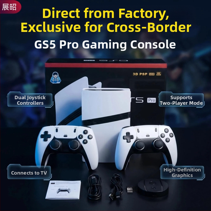 Domáca herná konzola GS5 Pro s pripojením na televízor a dvoma joystickovými ovládačmi, 1080p