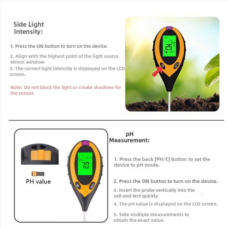 Štyri-v-jednom tester pôdy: vysoko presný pH meter, vlhkomer a indikátor zavlažovania rastlín