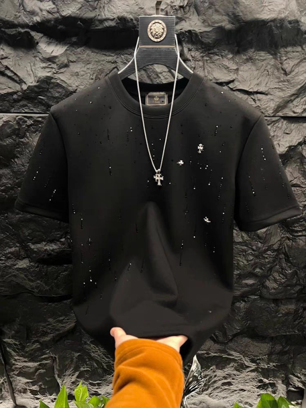 Ανδρικό κοντομάνικο T-shirt Meteor Shower με στρας, στρογγυλός λαιμός, μίγμα βαμβακερού, casual στυλ