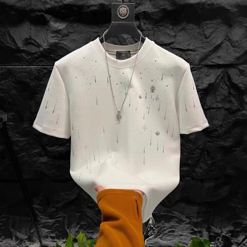 Ανδρικό κοντομάνικο T-shirt Meteor Shower με στρας, στρογγυλός λαιμός, μίγμα βαμβακερού, casual στυλ