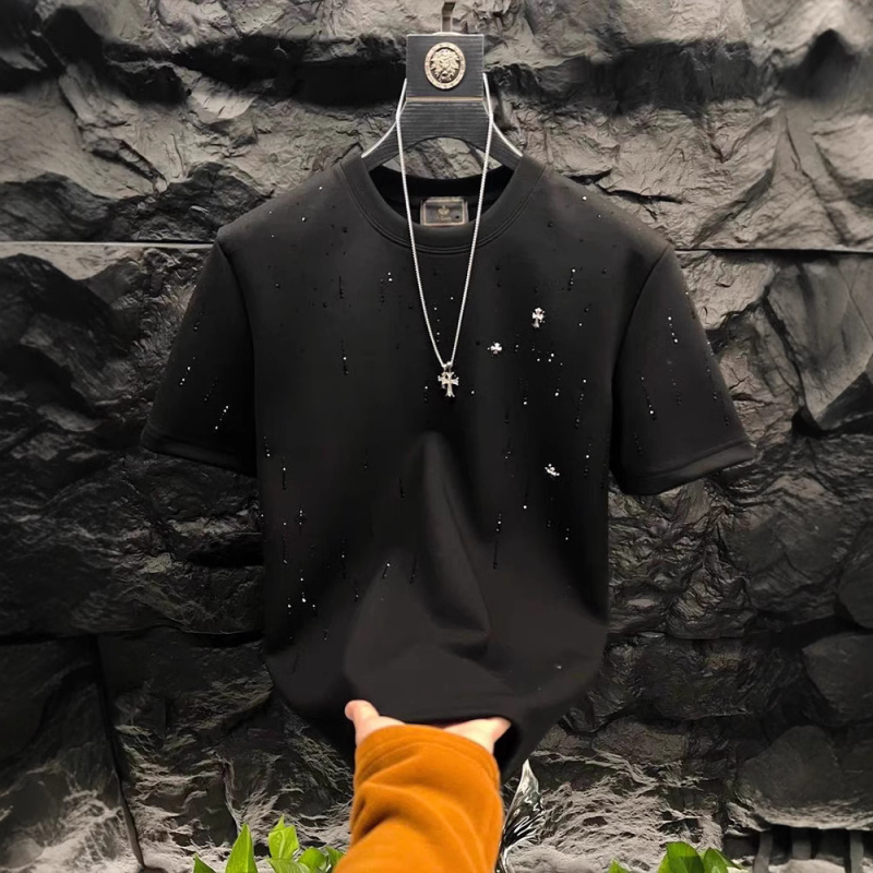 Ανδρικό κοντομάνικο T-shirt Meteor Shower με στρας, στρογγυλός λαιμός, μίγμα βαμβακερού, casual στυλ