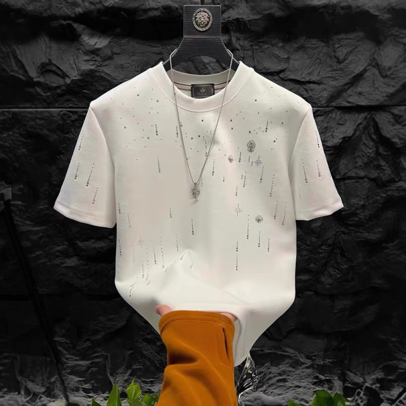 Ανδρικό κοντομάνικο T-shirt Meteor Shower με στρας, στρογγυλός λαιμός, μίγμα βαμβακερού, casual στυλ