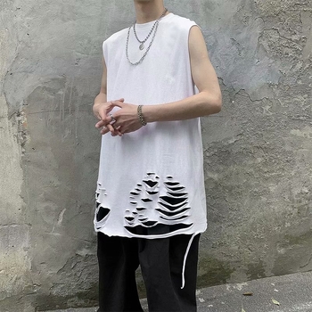 Ανδρικό καλοκαιρινό αμάνικο T‑shirt με σκισμένο τελείωμα, στυλ Χονγκ Κονγκ, casual layered look