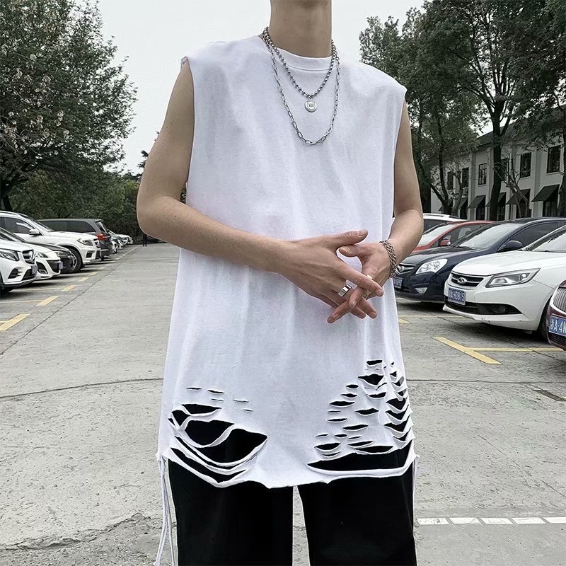 Ανδρικό καλοκαιρινό αμάνικο T‑shirt με σκισμένο τελείωμα, στυλ Χονγκ Κονγκ, casual layered look
