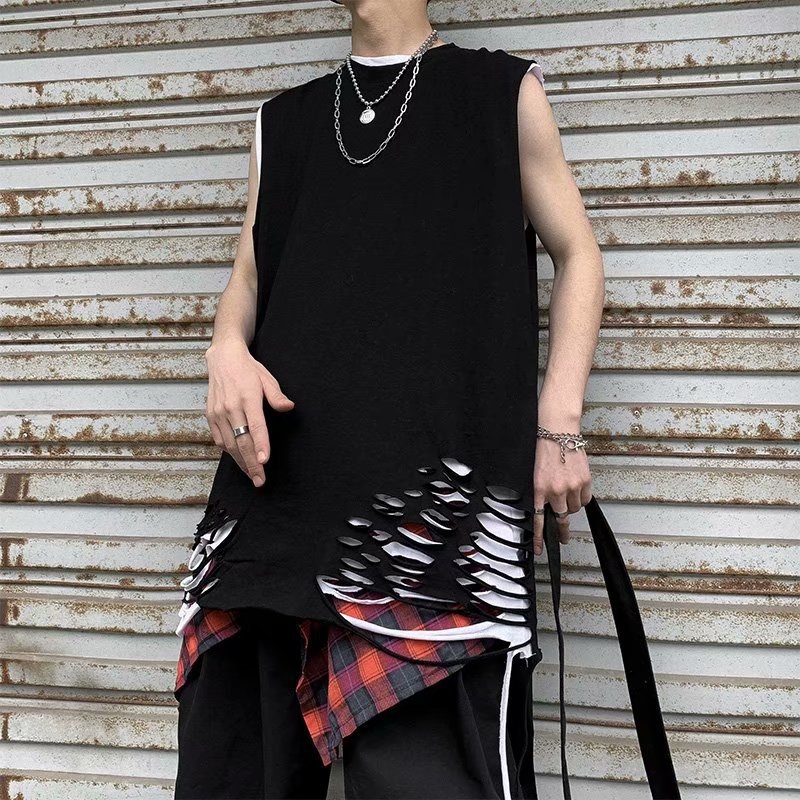 Ανδρικό καλοκαιρινό αμάνικο T‑shirt με σκισμένο τελείωμα, στυλ Χονγκ Κονγκ, casual layered look
