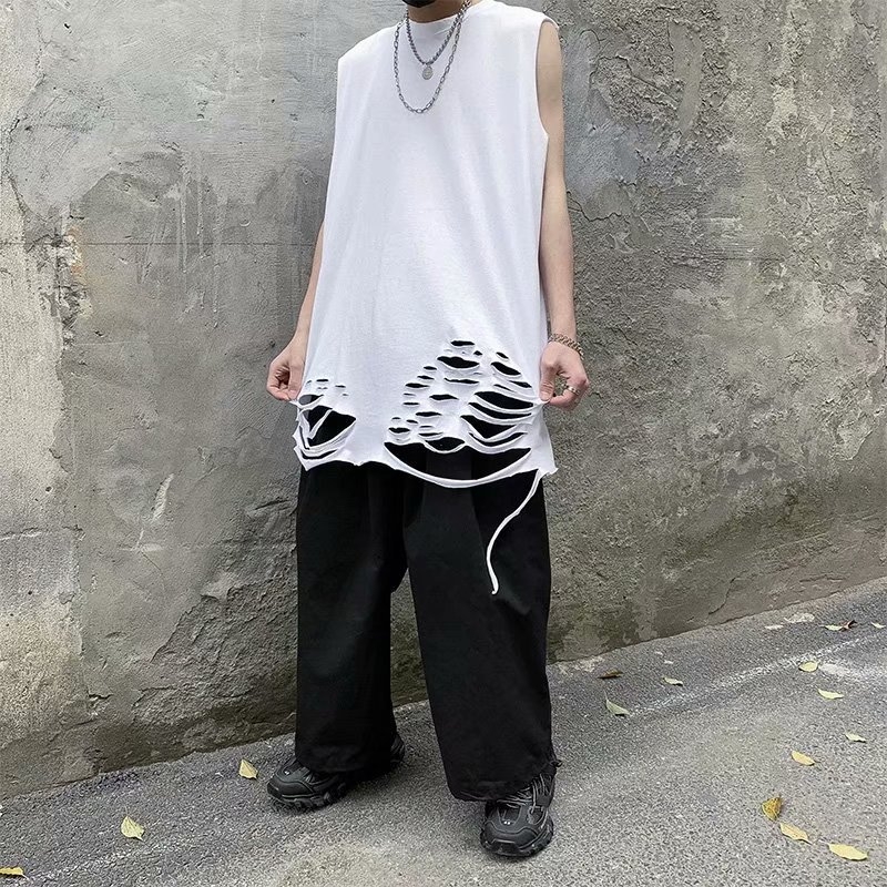 Ανδρικό καλοκαιρινό αμάνικο T‑shirt με σκισμένο τελείωμα, στυλ Χονγκ Κονγκ, casual layered look