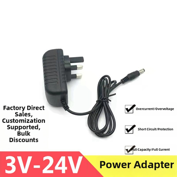 Viacnapäťový napájací adaptér podľa britského štandardu s výstupmi 3V/5V/6V/9V/12V/0–24V, 1A–3A, 3-kolíkový transformátorový kábel