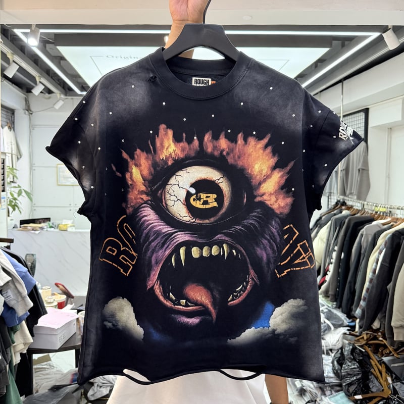 Βαμβακερό T‑shirt με γραφικό σχέδιο σε γράμματα για street hip‑hop, κοντό μανίκι, στρογγυλός λαιμός, χαλαρή εφαρμογή, ρετρό φθαρμένο στυλ, unisex