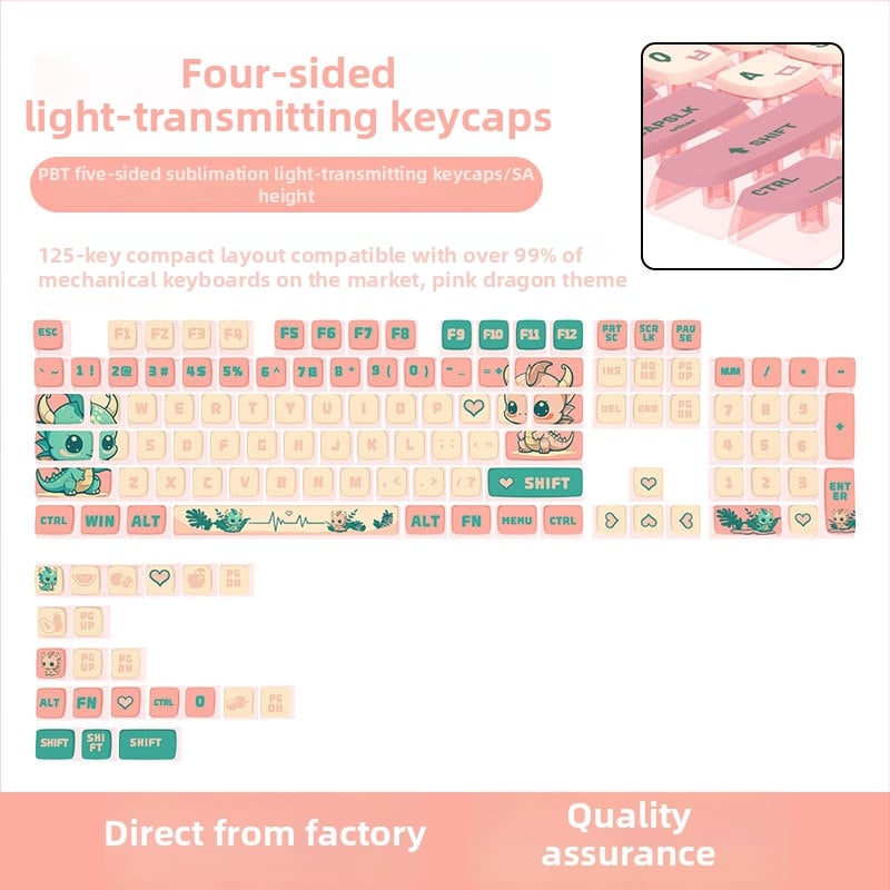 Kryty kláves Pink Dragon s profilom SA, štvorstranná priehľadná PBT sublimácia, prispôsobiteľné, päťstranné gravírovanie, sada 125 klávesov