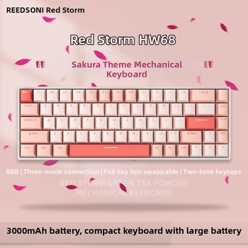 Téma Red Fury H68 Sakura, trojrežimová bezdrôtová klávesnica RGB Bluetooth s modrými spínačmi a mechanickým dizajnom s možnosťou výmeny za chodu