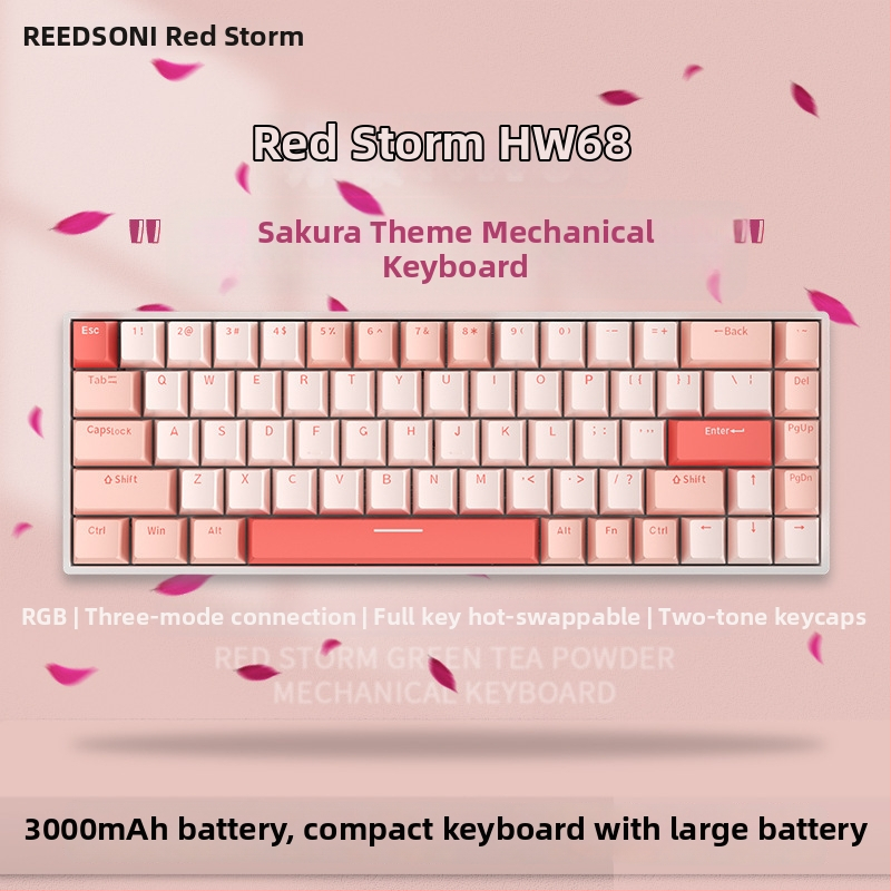Téma Red Fury H68 Sakura, trojrežimová bezdrôtová klávesnica RGB Bluetooth s modrými spínačmi a mechanickým dizajnom s možnosťou výmeny za chodu