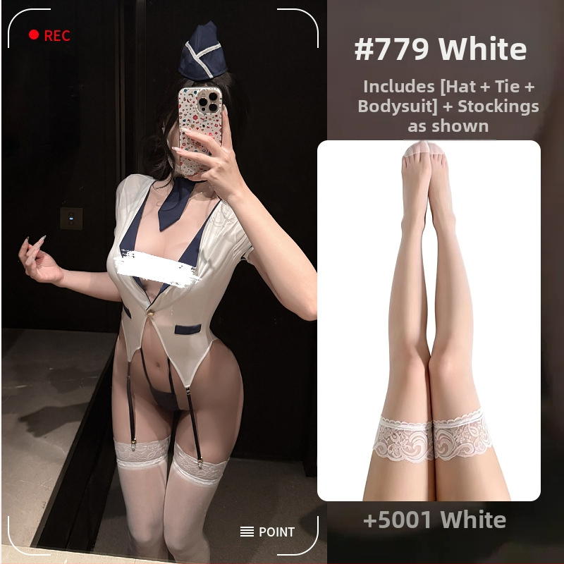 Sexy spodný overal pre letušky/stevardovky s hlbokým výstrihom do V, krátkymi rukávmi, dvojitými rozparkami a otvoreným rozkrokom.
