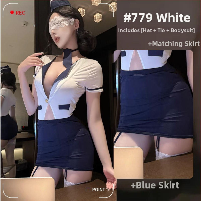 Sexy spodný overal pre letušky/stevardovky s hlbokým výstrihom do V, krátkymi rukávmi, dvojitými rozparkami a otvoreným rozkrokom.