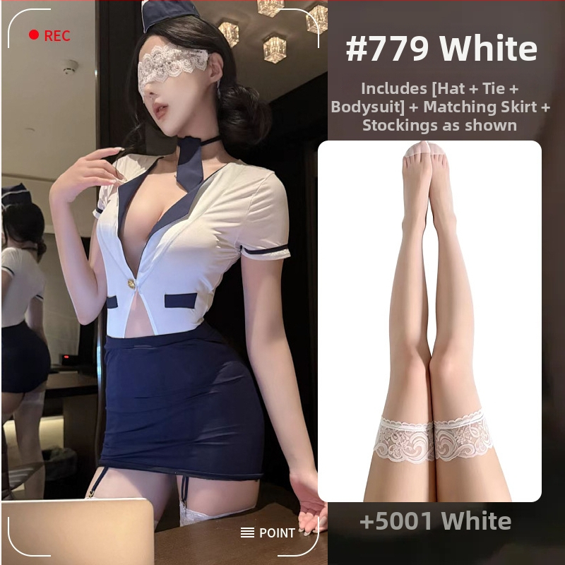 Sexy spodný overal pre letušky/stevardovky s hlbokým výstrihom do V, krátkymi rukávmi, dvojitými rozparkami a otvoreným rozkrokom.