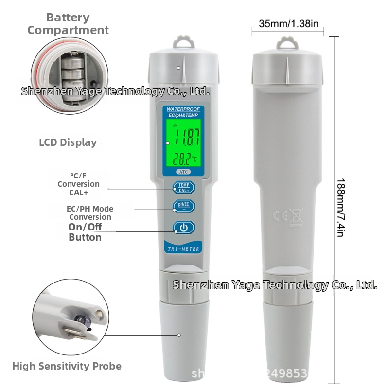 3-v-1 tester kvality vody s pH/EC a TDS-986, prenosný detektor v tvare pera