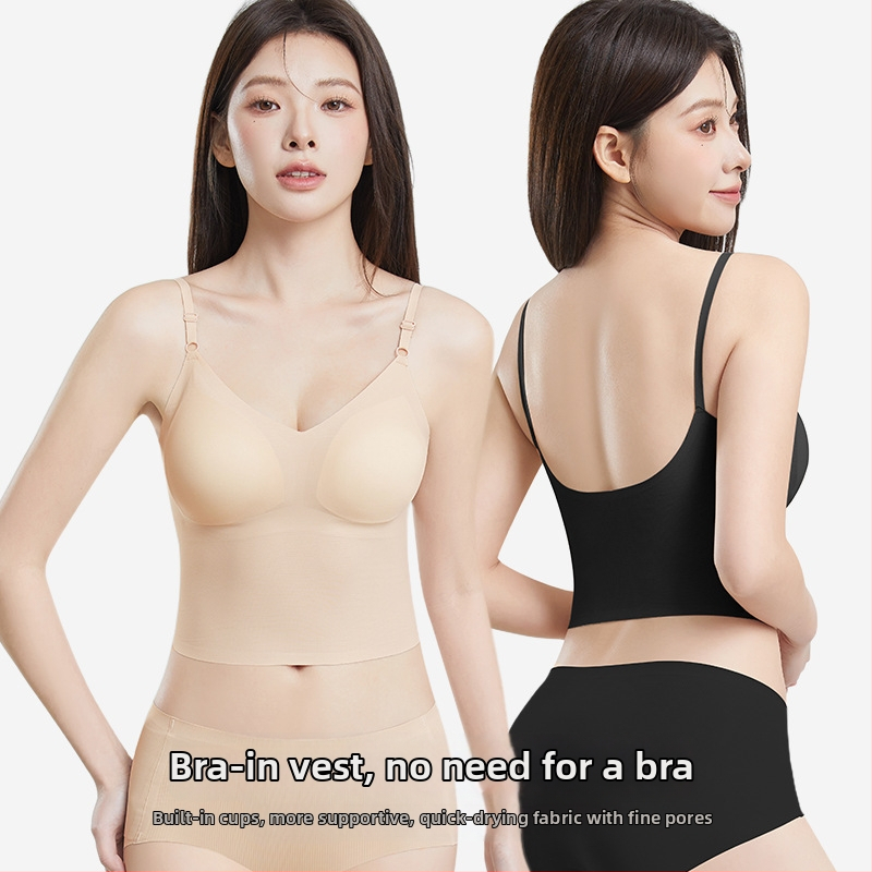 Varrás nélküli, lélegző alapvető női top melltartóbetétekkel és integrált camisole-melltartóval