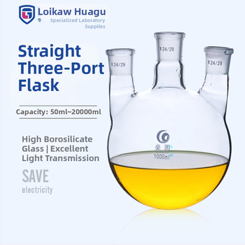 Liegu rovná trojhrdlá sklenená reakčná banka, hrubostenné borosilikátové sklo, okrúhle dno, laboratórna, 500 – 1 000 ml