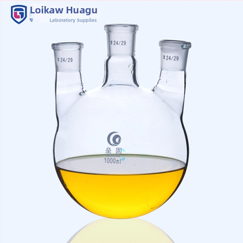 Liegu rovná trojhrdlá sklenená reakčná banka, hrubostenné borosilikátové sklo, okrúhle dno, laboratórna, 500 – 1 000 ml