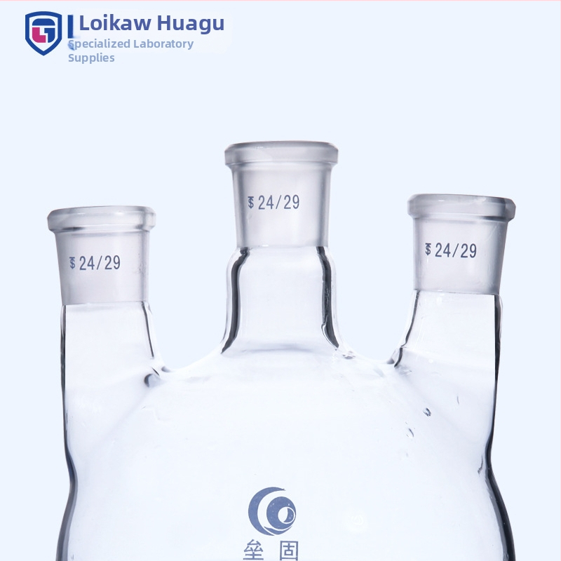 Liegu rovná trojhrdlá sklenená reakčná banka, hrubostenné borosilikátové sklo, okrúhle dno, laboratórna, 500 – 1 000 ml