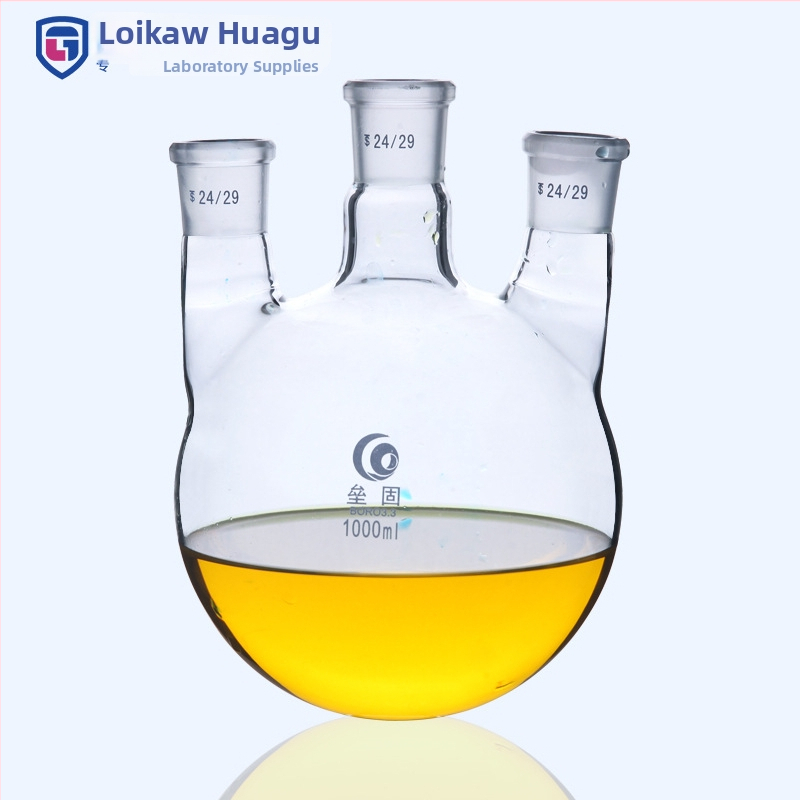 Liegu rovná trojhrdlá sklenená reakčná banka, hrubostenné borosilikátové sklo, okrúhle dno, laboratórna, 500 – 1 000 ml