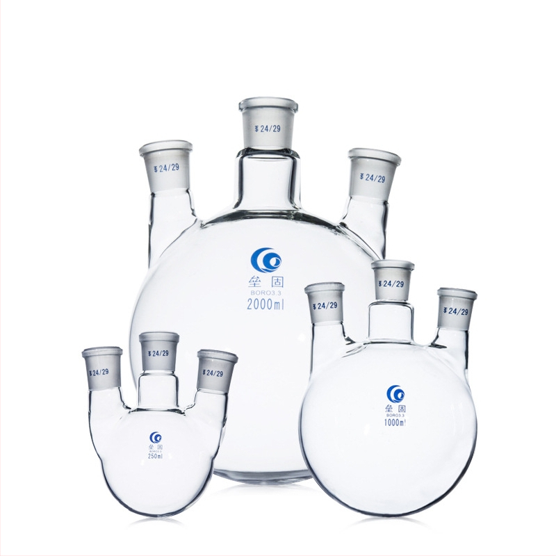 Liegu rovná trojhrdlá sklenená reakčná banka, hrubostenné borosilikátové sklo, okrúhle dno, laboratórna, 500 – 1 000 ml