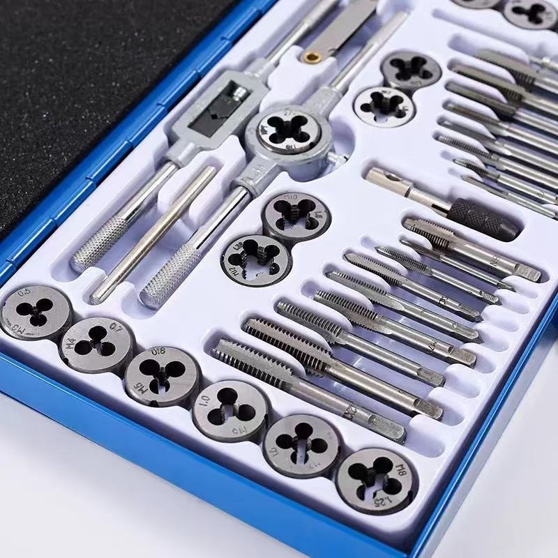 Set de 40 piese pentru filete în cutie metalică, M3–M12, oțel aliat, filet fin