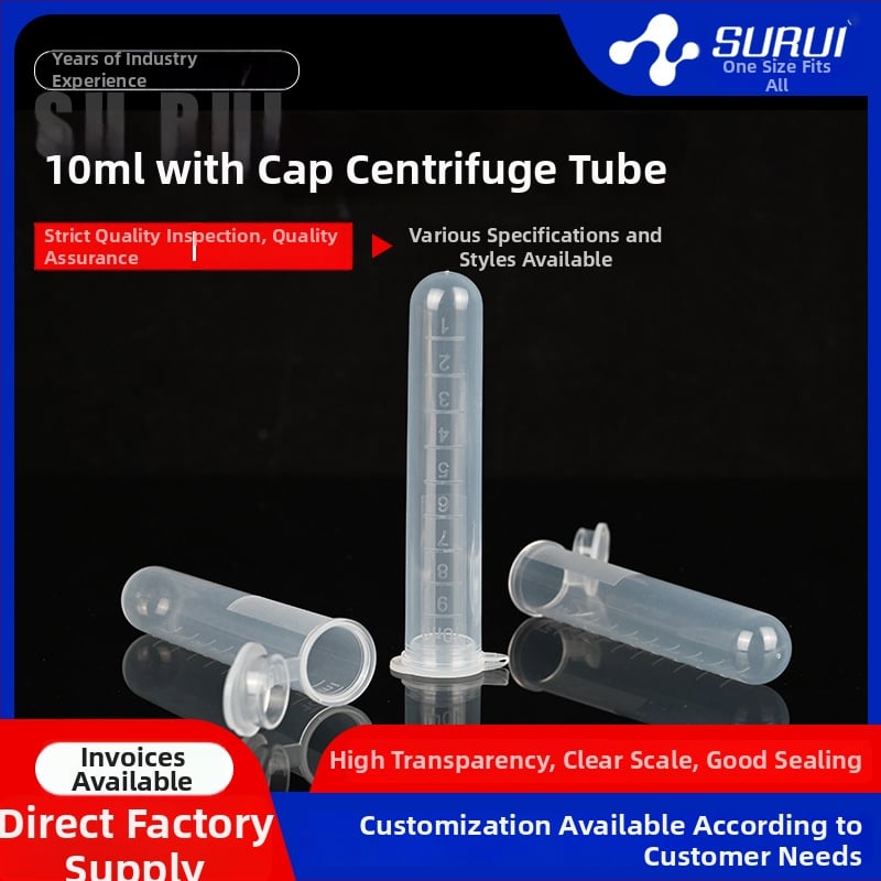 Tuburi de centrifugare transparente, de unică folosință, 10 ml, cu scară și capac, 200 bucăți pe pachet, 25 pachete pe cutie