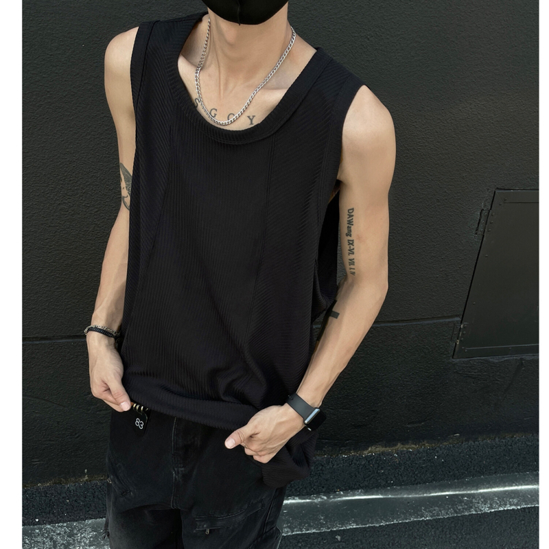 INTFEDAY Ανδρικό T‑Shirt χωρίς μανίκια με αμερικάνικο vibe, χαλαρή γραμμή, patchwork για παραλία και αθλήματα