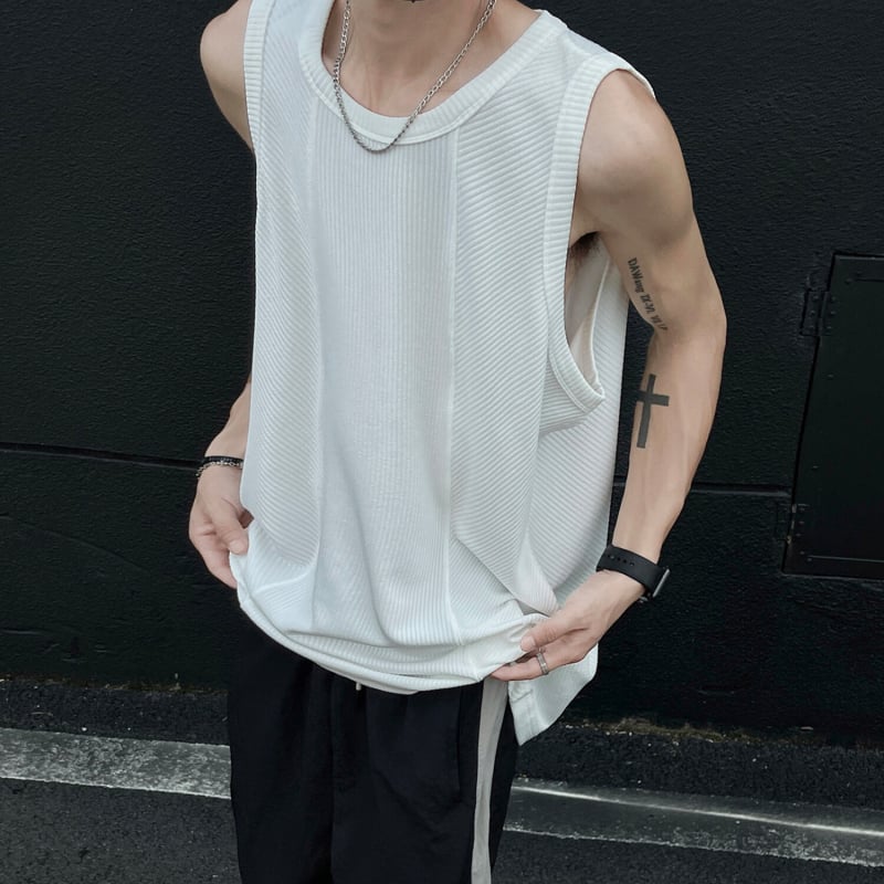 INTFEDAY Ανδρικό T‑Shirt χωρίς μανίκια με αμερικάνικο vibe, χαλαρή γραμμή, patchwork για παραλία και αθλήματα