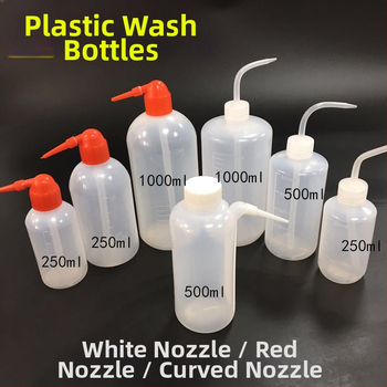 Plastová fľaša na umývanie s bielym alebo červeným uzáverom, dostupná v objemoch 250 ml, 500 ml a 1000 ml; plastová fľaša s bielou alebo červenou tryskou.