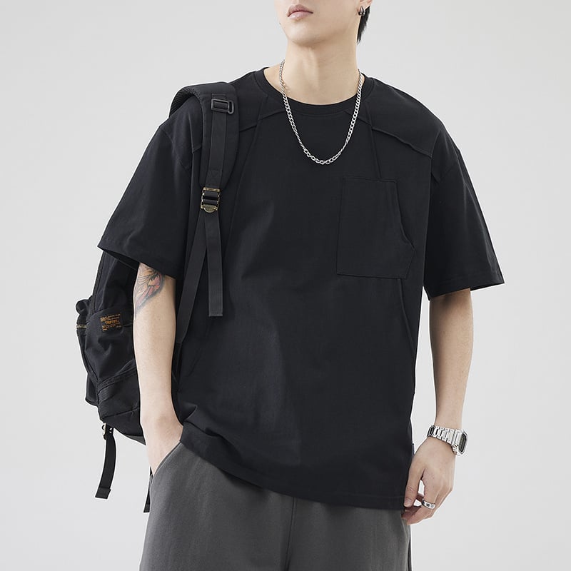 Anyang ανδρική μαύρη κοντομάνικη T‑shirt σε αμερικανικό στυλ, καλοκαίρι, μονόχρωμη με ραφτές λεπτομέρειες, 100% βαμβάκι αναπνέει