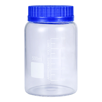 Sticlă de laborator din borosilicată înalt, gură largă, capac albastru, pentru reacții și prelevare
