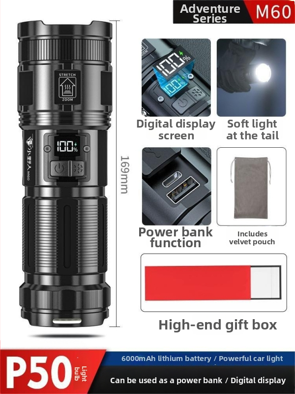 Nabíjateľná vonkajšia baterka P90 USB s dlhým dosahom, multifunkčným zoomom a vysokovýkonným svetlometom