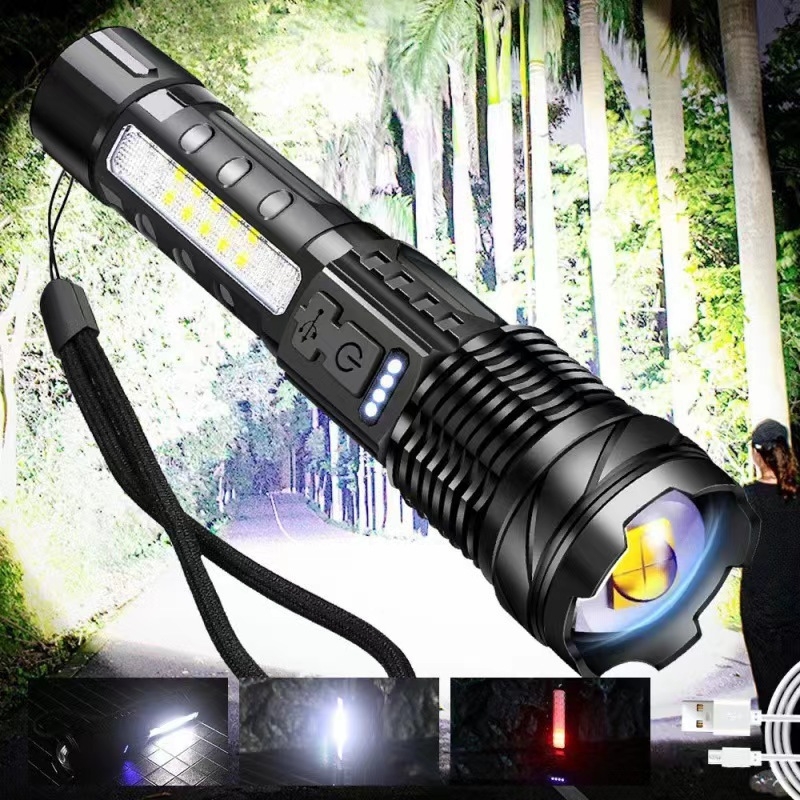 Lanternă P50 cu fascicul puternic, iluminare COB laterală, afișaj digital, încărcare USB, pentru utilizare în aer liber la distanțe mari, autonomie lungă a bateriei