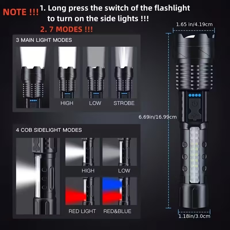 Lanternă P50 cu fascicul puternic, iluminare COB laterală, afișaj digital, încărcare USB, pentru utilizare în aer liber la distanțe mari, autonomie lungă a bateriei