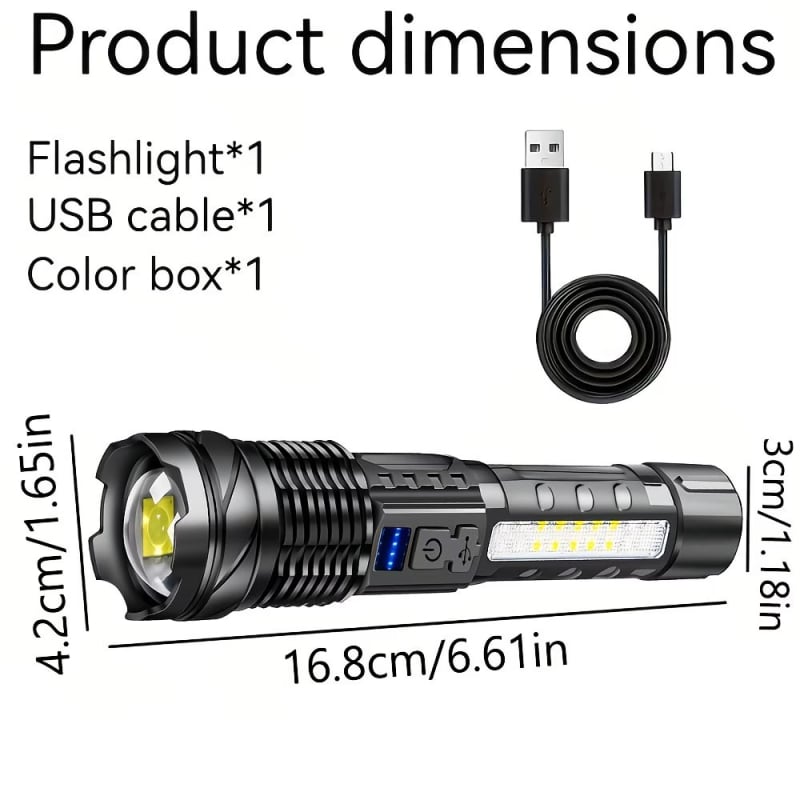 Lanternă P50 cu fascicul puternic, iluminare COB laterală, afișaj digital, încărcare USB, pentru utilizare în aer liber la distanțe mari, autonomie lungă a bateriei